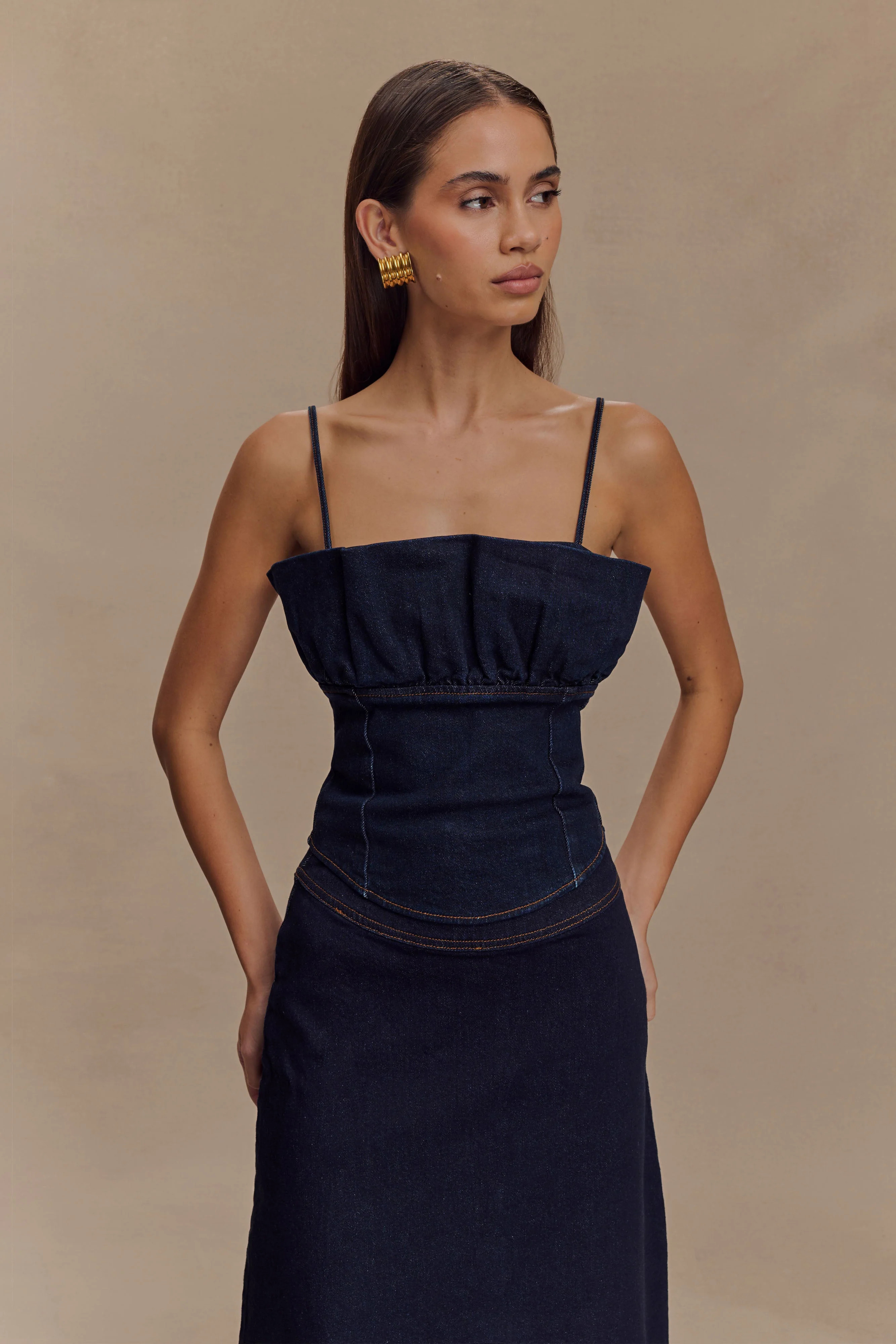 Denim Frill Corset - Indigo Blue | MESHKI US