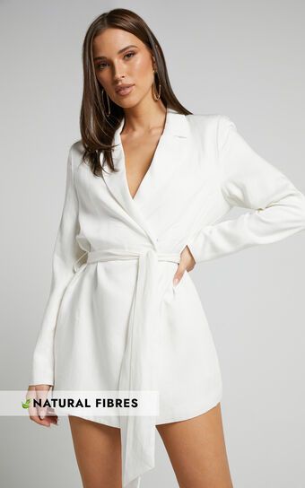 Amalie The Label - Lotte Linen Blend Tie Waist Wrap Blazer Dress in White | Showpo (US, UK & Europe)