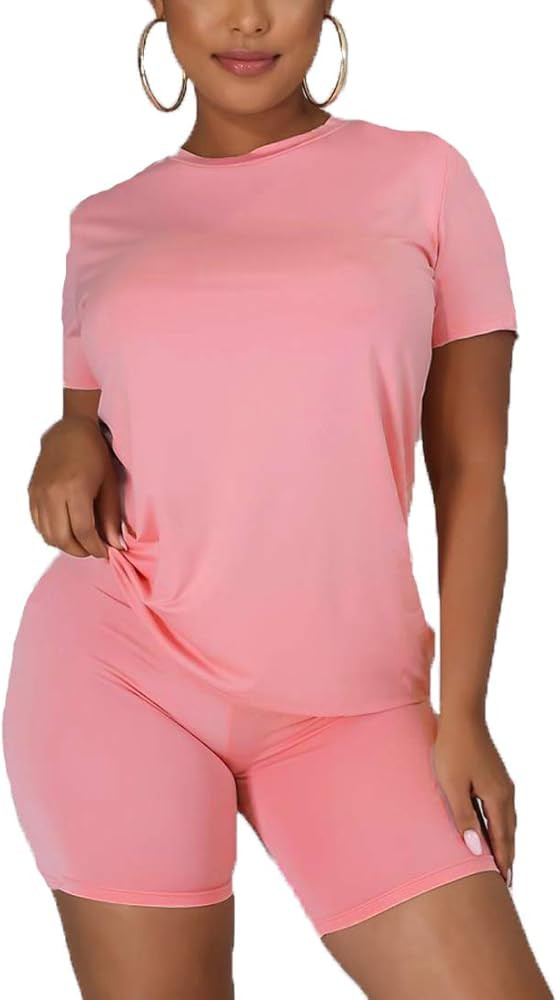 Kaximil Women's 2 Piece Club Outfits Casual Top T Shirt Biker Legging Shorts Set | Amazon (US)