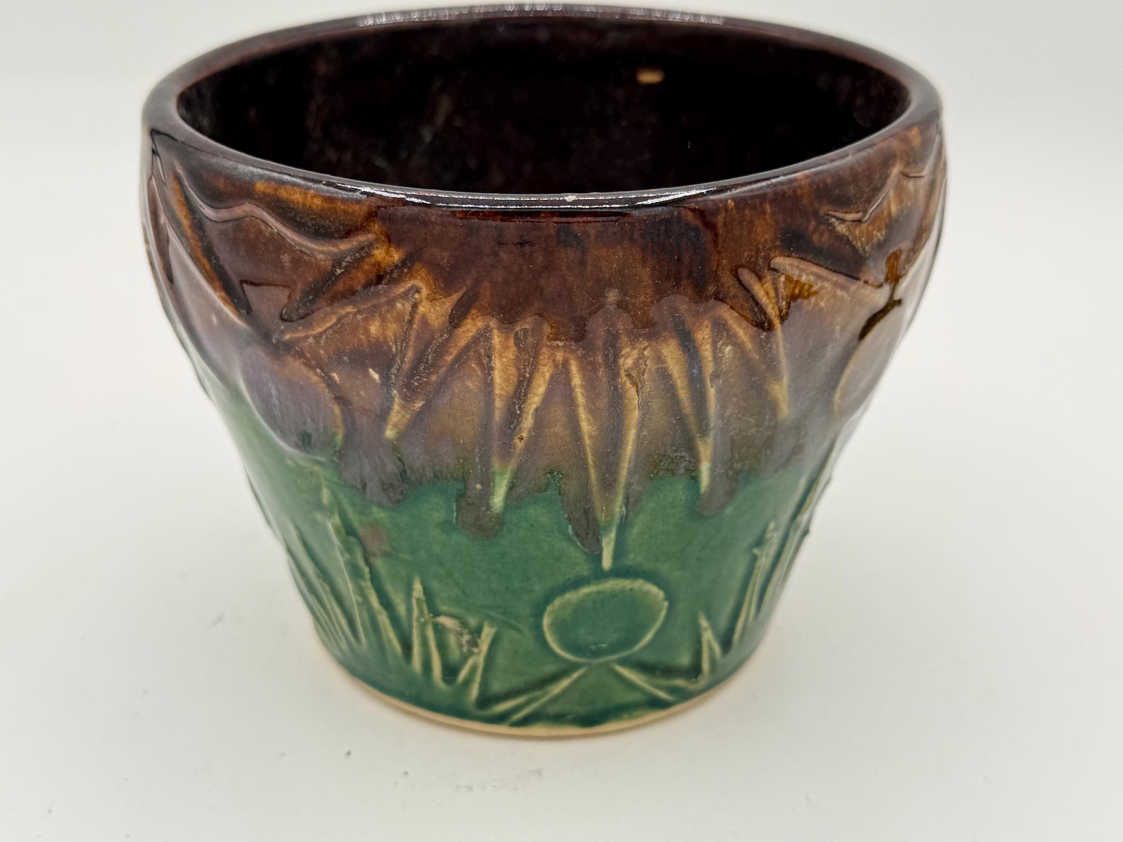 Vintage Robinson Ransbottom Pottery Sun & Moon Jardiniere | 6" Green/Brown Drip Glaze Planter | Etsy (US)