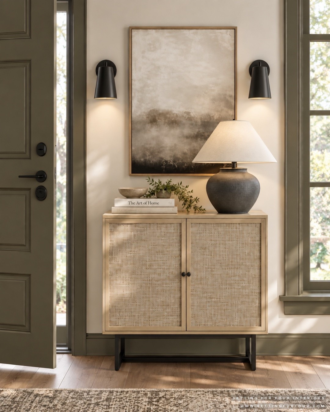 Wood cabinet and cabinet decor ideas. Table lamp, wall sconce lights, wall art, Loloi rug, Amazon home. Restoration hardware style, green, brown, beige, console table decor, hallway, entryway, living room, bedroom, storage, organizer, sale