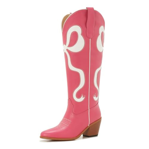 Ojiaoer Bow Boots Cowgirl Knee-High Pink Cowboy Boots For Women Size 11 | Amazon (US)