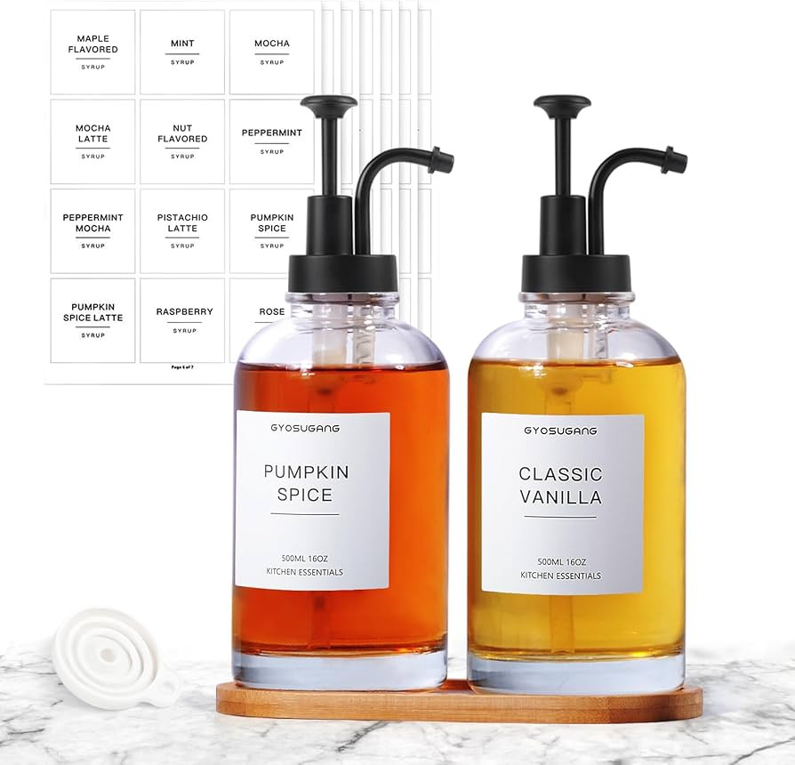 Coffee Syrup Dispenser for Coffee Bar, Set of 2 Simple Glass Syrup Bottle w 84 Labels and Bamboo ... | Amazon (US)