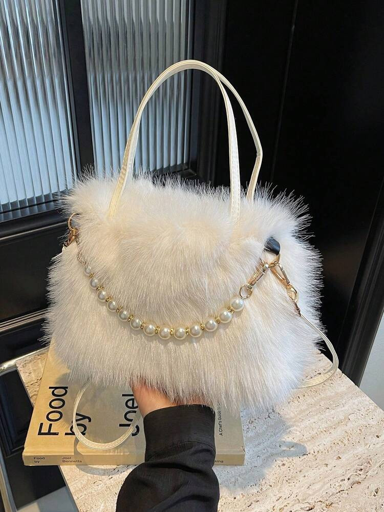 White Plush Women Handbag, Fashion Faux Pearl Hand Bag, Fuzzy Furry Shoulder Bag, Versatile For D... | SHEIN