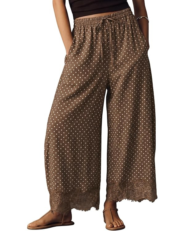 Lviefent Womens Cropped Lace Hem Pants Polka Dot Summer Wide Leg Beach Travel Lounge Pants Trouse... | Amazon (US)