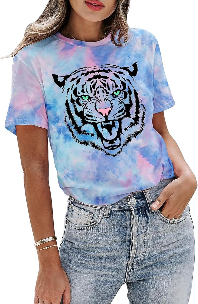 Tie Dye Shirt Womens Animal Tiger Graphic Tees Tops Summer Casual Loose Short Sleeve T-Shirt Blou... | Amazon (US)