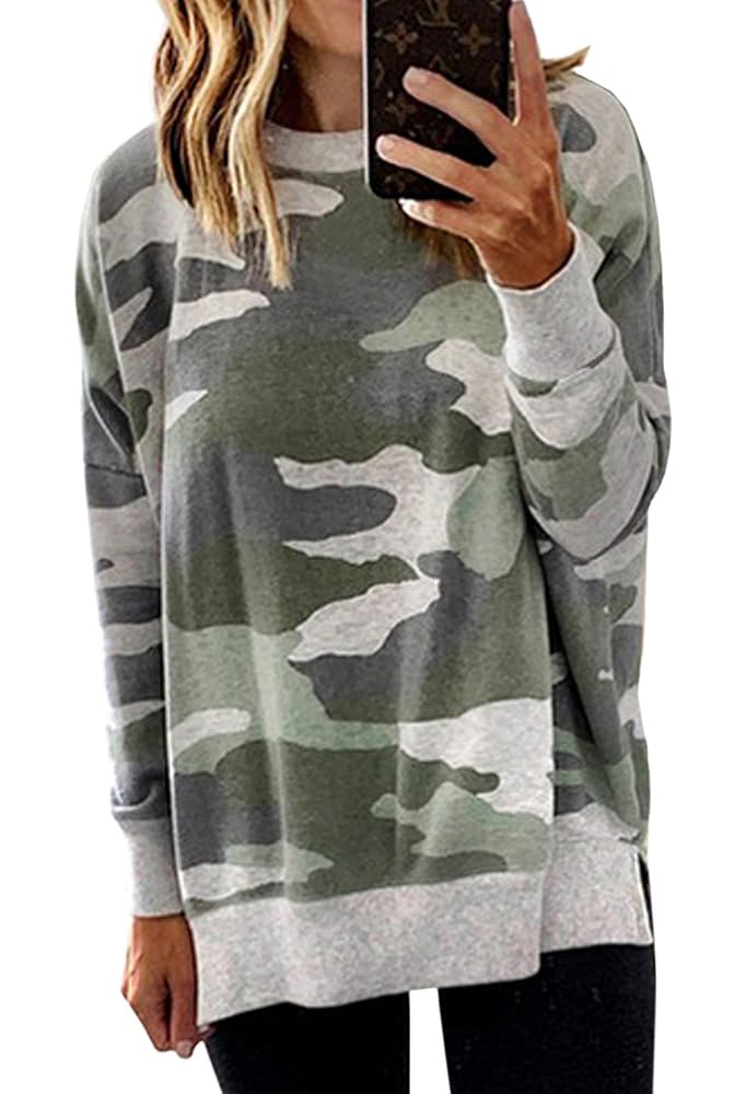 ECOWISH Women Side Split Sweatshirt: Fall Crewneck Long Sleeve Oversized Camo Shirts Casual Camou... | Amazon (US)