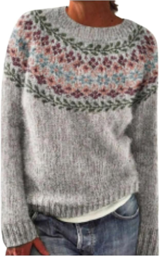 Womens Fair Isle Sweaters Argyle Vintage Long Sleeve Knitted Pullover Winter Fall Casual Loose Sw... | Amazon (US)