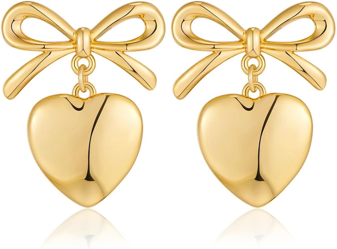 FAUTHENTICUTE Gold Heart Dangle Earrings For Women,A Small bow Studs On The Top, Copper, No Gemst... | Amazon (CA)