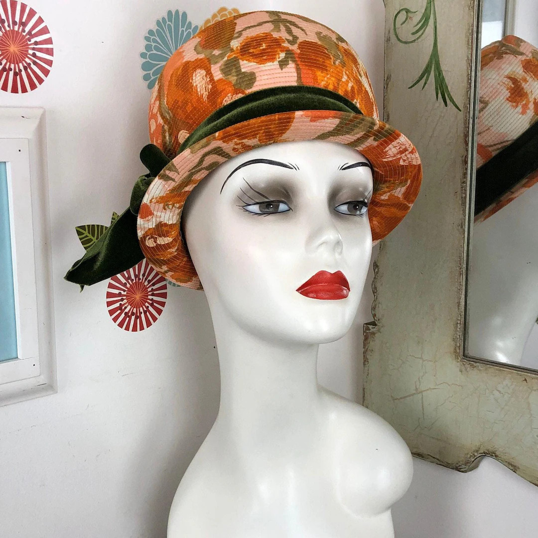 Vintage Orange Flower Print Bubble Hat, 1960s Watercolor Floral Hat, Mr. Glenn. | Etsy (US)