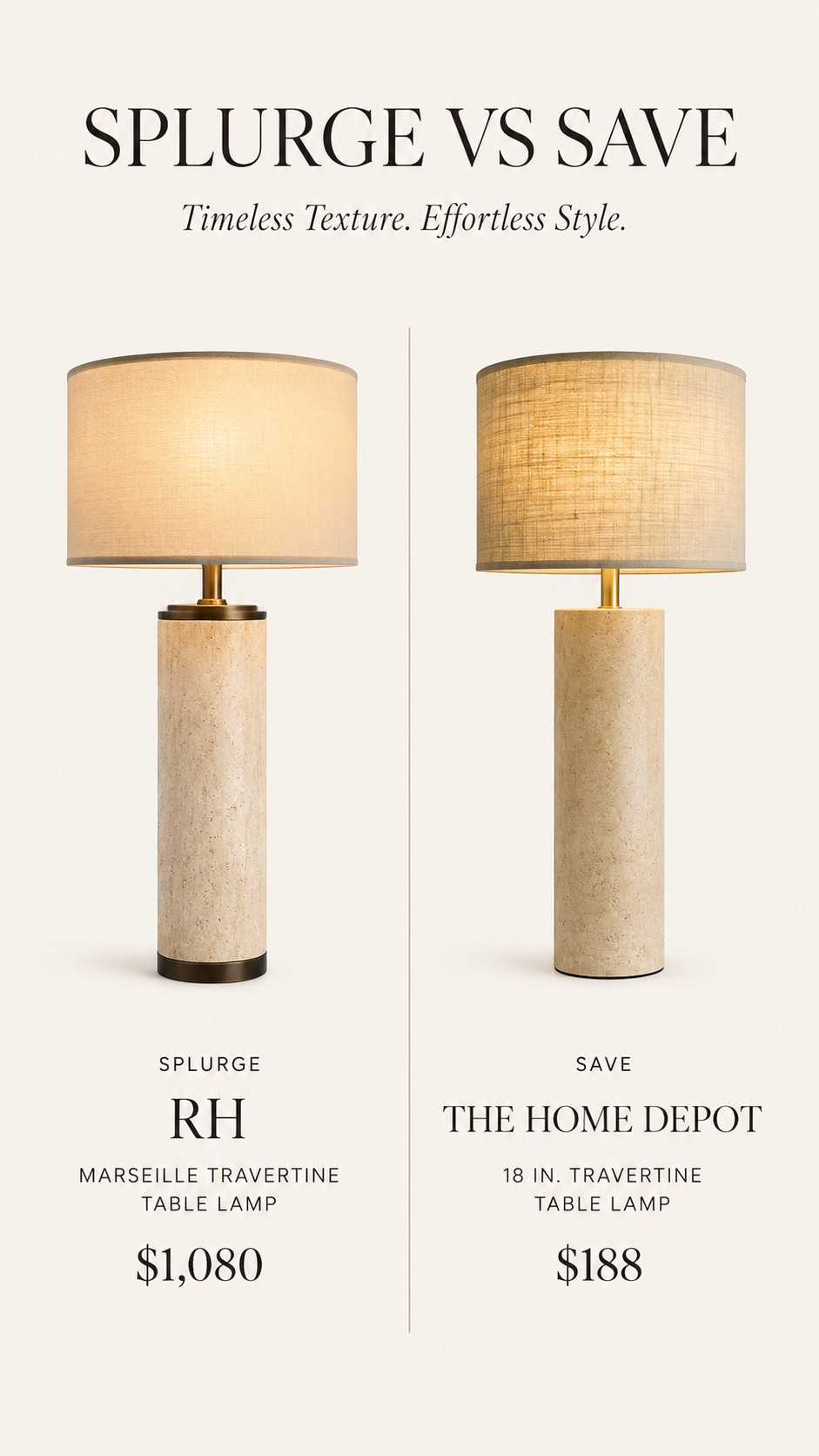 Designer Style for Less ✨

This is such a good splurge vs. save home decor find! The RH table lamp has a gorgeous designer look for $1,080, but the Home Depot option gives you a similar warm, elegant style for just $188.

Both lamps feature a textured neutral base and soft fabric shade, making them perfect for a living room, bedroom, entryway, console table, or home office. The RH lamp is a beautiful investment piece, while the affordable Home Depot lamp is an easy way to get the luxury look for less.

Would you splurge on the designer lamp or save with the budget-friendly alternative? Shop both options through my LTK! 

 #ltkhome #splurgeorsave #designerlookforless #homedepotfinds #rhhardware #tablelamp #homedecorinspo #affordableluxury #neutraldecor #livingroominspo #LTKOver40 #LTKHome #LTKSaleAlert