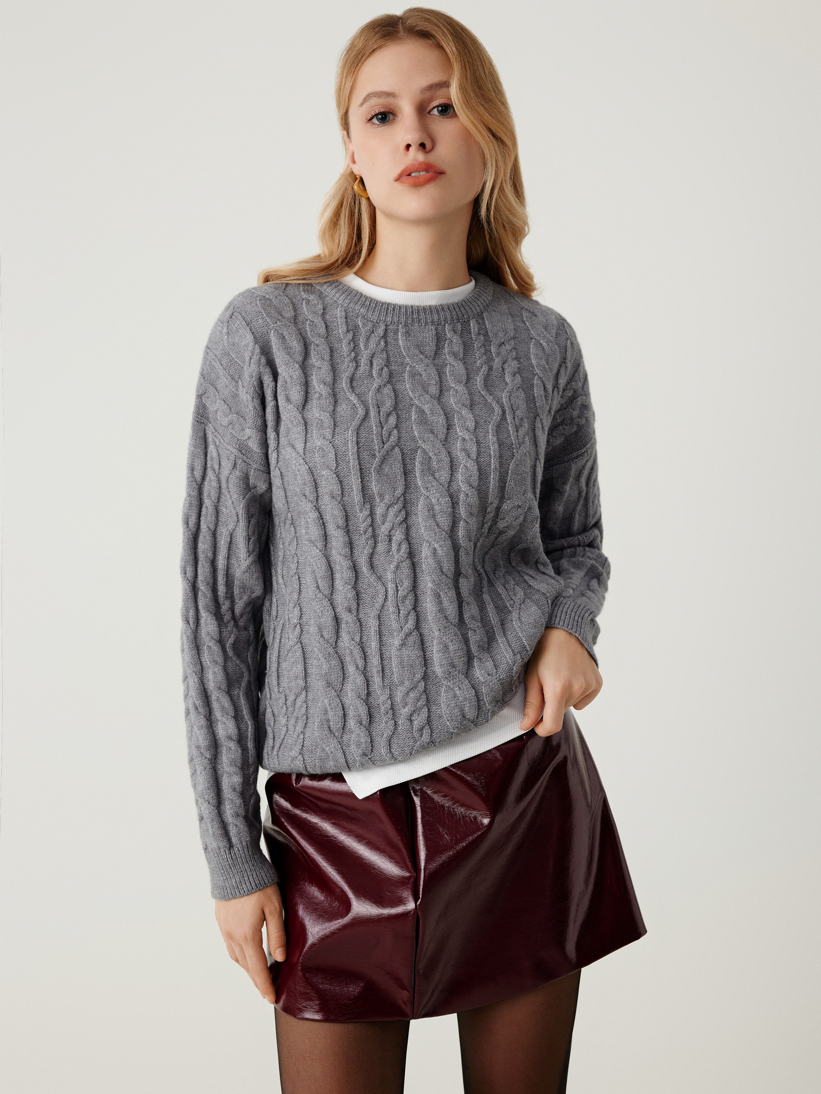 Fall Sweater Knit Fabric Cable Knit Round Neckline Long Sleeve Sweater For School Daily Casual | Cider