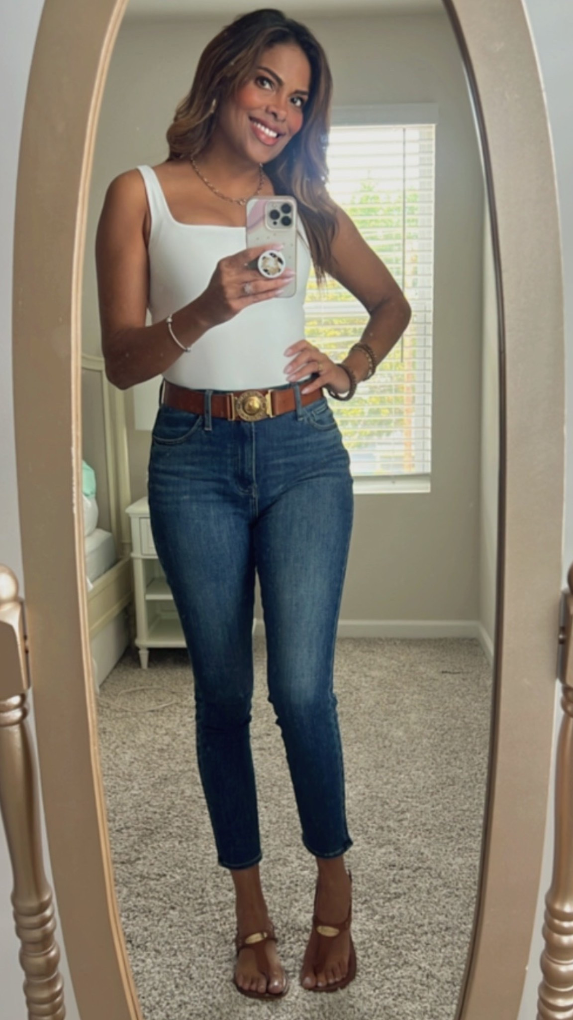 Cute outfit to run errands! My jeans and top are from express. Belt is vintage from Burberry but I  linked a dupe, my sandals are from MK but old so I linked similar as well. Sizing info: 
Jeans 4 
Top S 
Shoes 8  

#LTKFindsUnder100 #LTKFindsUnder50 #LTKSeasonal