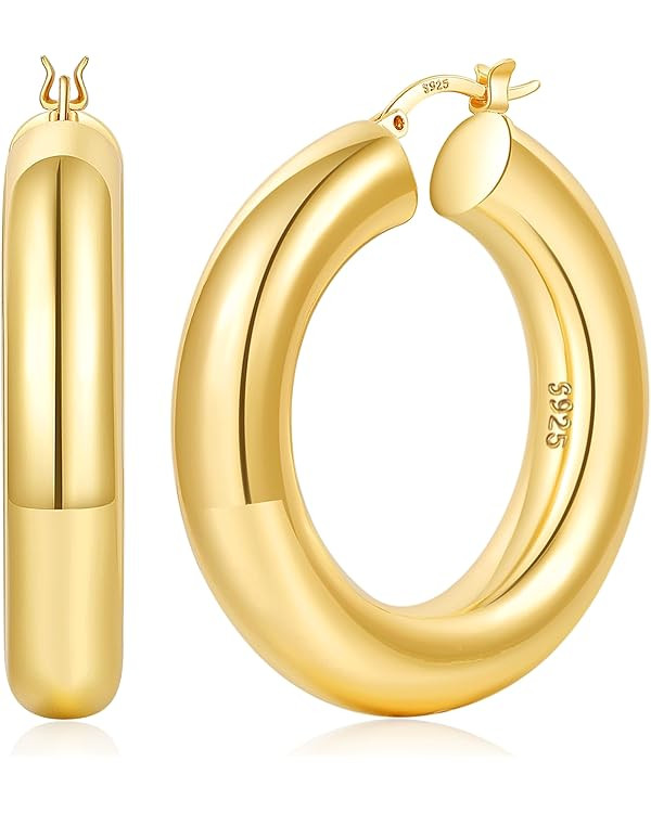 8mm Chunky Gold Hoop Earrings Hypoallergenic 925 Sterling Silver Hollow Tube Hoop Earring Lightwe... | Amazon (US)