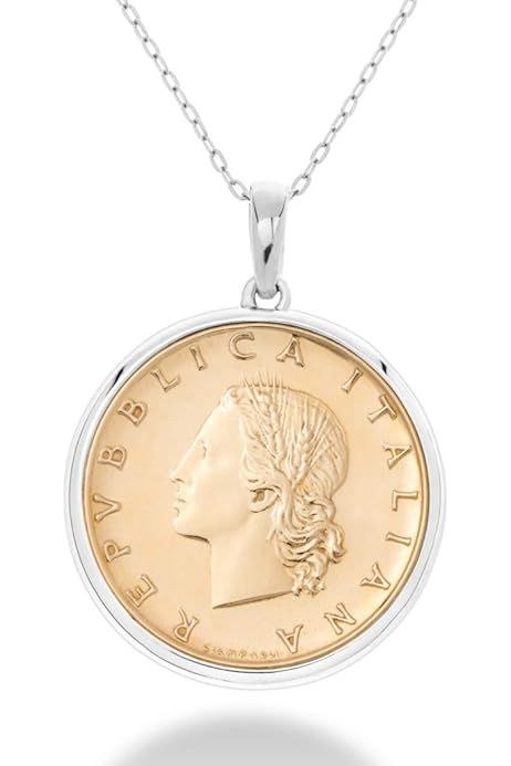 Miabella 18K Gold over Sterling Silver Diamond Accent Genuine Italian 20 Lira Coin Pendant Necklace  | Amazon (US)