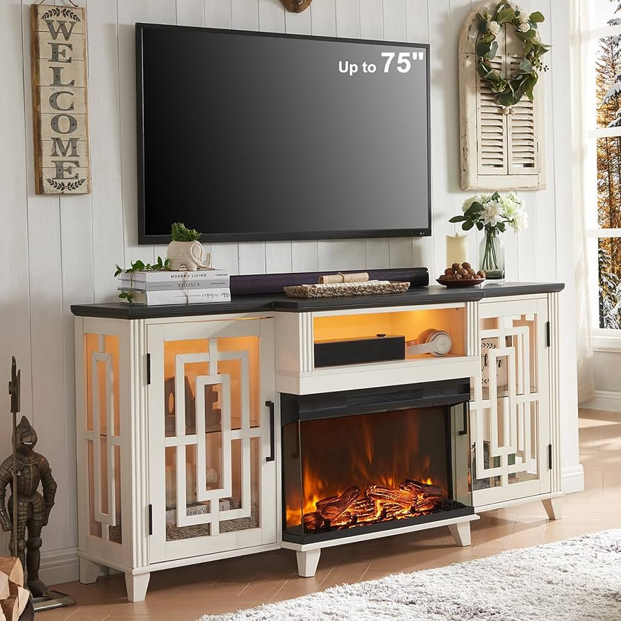 JXQTLINGMU 3-Sided Glass Fireplace TV Stand for 75 Inch TV w/LED Light, Farmhouse Highboy Enterta... | Amazon (US)