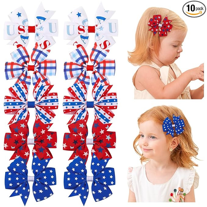 choicbaby 10PCS 4th of July Hair Bows for Girls 3" Patriotic USA Red White Blue Grosgrain Ribbon ... | Amazon (US)