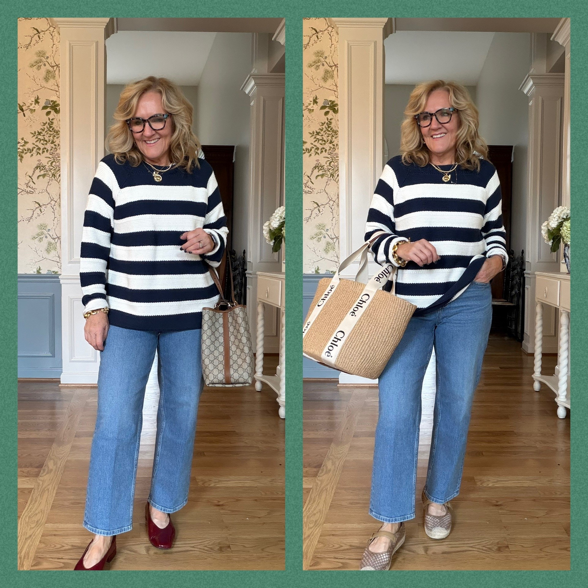 I sized up in this sweater to a large
My spanx front zip jeans size medium petite. There is a lot of compression on these jeans and I like the support, but you just need to be aware of that.

Love both of these flats. True to size and very comfortable. The Maryjane are probably I bit more suited for walking miles and miles. Love them! 
20% off my jewelry code NANETTE20

Straight leg, jeans, medium washed jeans, striped sweat sweater, navy sweater preppy style

#LTKPetite #LTKSeasonal #LTKOver40