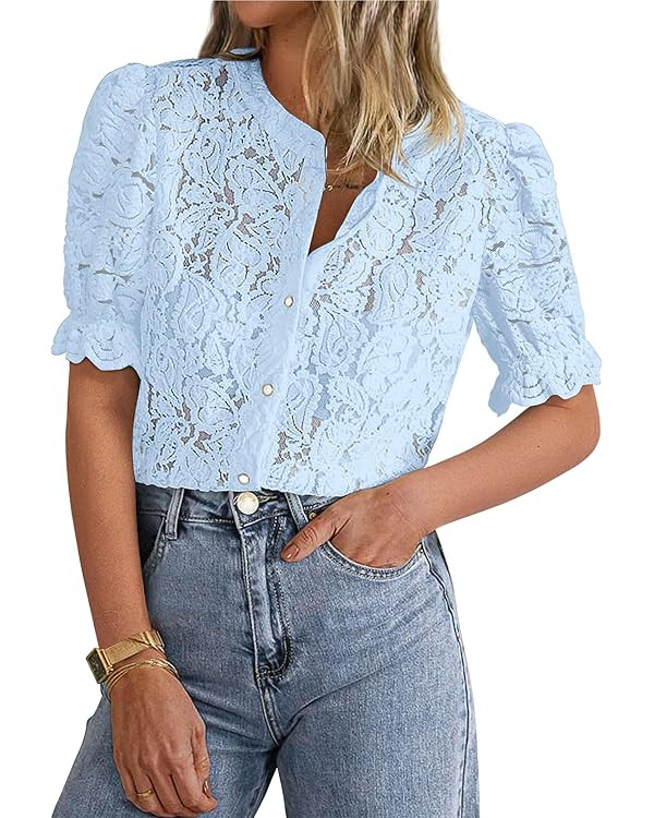 PRETTYGARDEN Womens 2025 Spring Lace Tops Short Puff Sleeve Casual Dressy Blouses Eyelet Crew Nec... | Amazon (US)