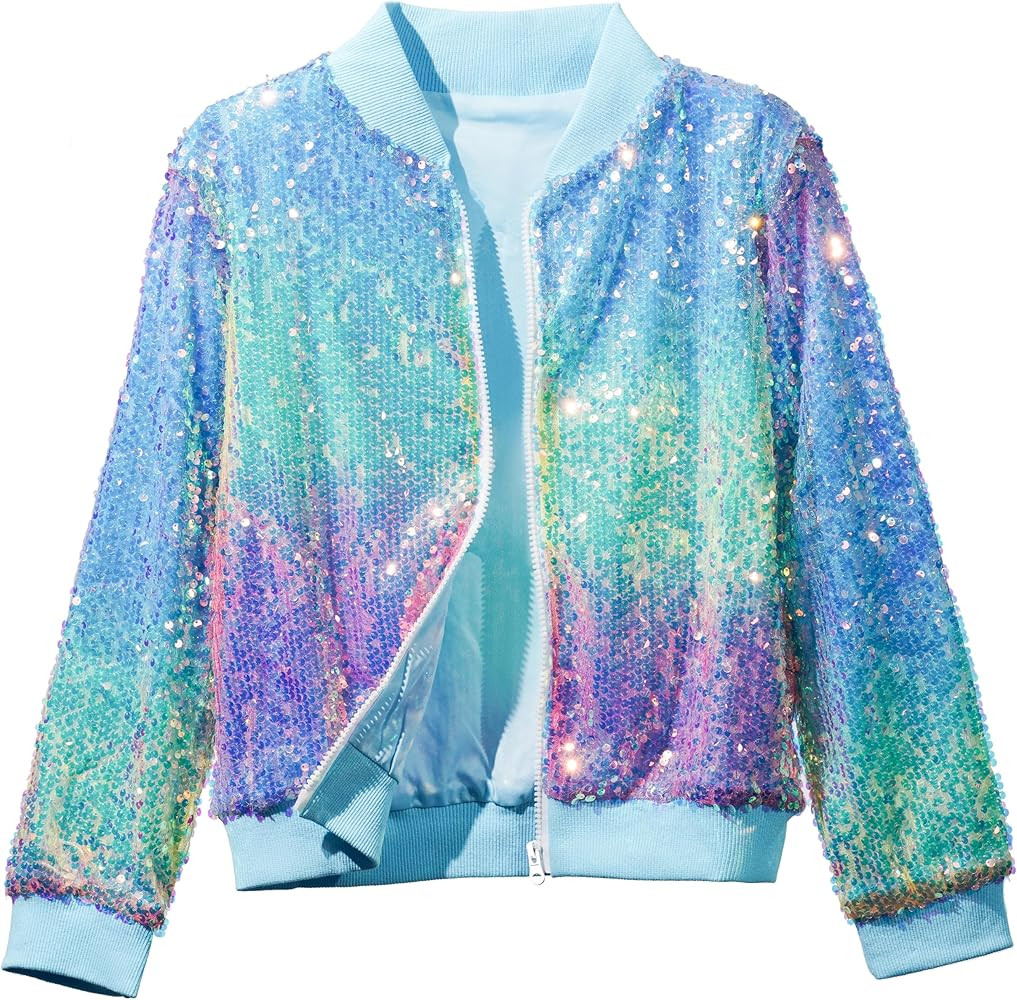 Girls Sequin Bomber Jacket Sparkly Outfit Long Sleeve Zipper Bright Colors with Pocket 5-12T | Amazon (US)