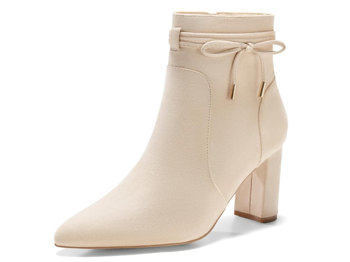Coutgo Womens Pointed Toe Ankle Boots Chunky Block Heel Tie Knot Side Zipper Dressy Booties | Amazon (US)