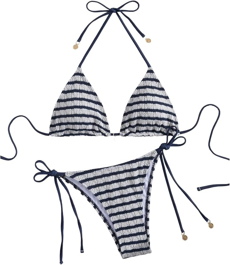MakeMeChic Women's Striped Triangle Thong Micro Bikini Sets Halter Swimsuits Bathing Suit | Amazon (US)