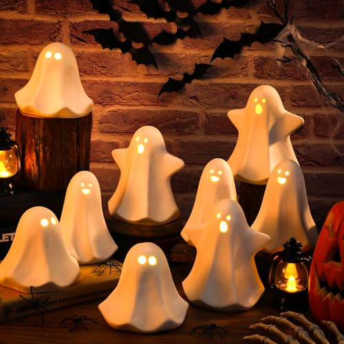 Domensi 9 Pcs Halloween Ceramic Ghost Figurines with LED Lights, Small White Spooky Ghost Sculpture Statue Cute Halloween Miniatures for Gifts Home Centerpiece Table Mantel Collections Decorations | Amazon (US)
