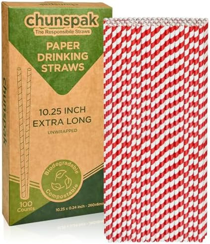 Extra Long Paper Straws 10 Inch - Biodegradable Disposable Long Drinking Straws - Red/White Strip... | Amazon (US)