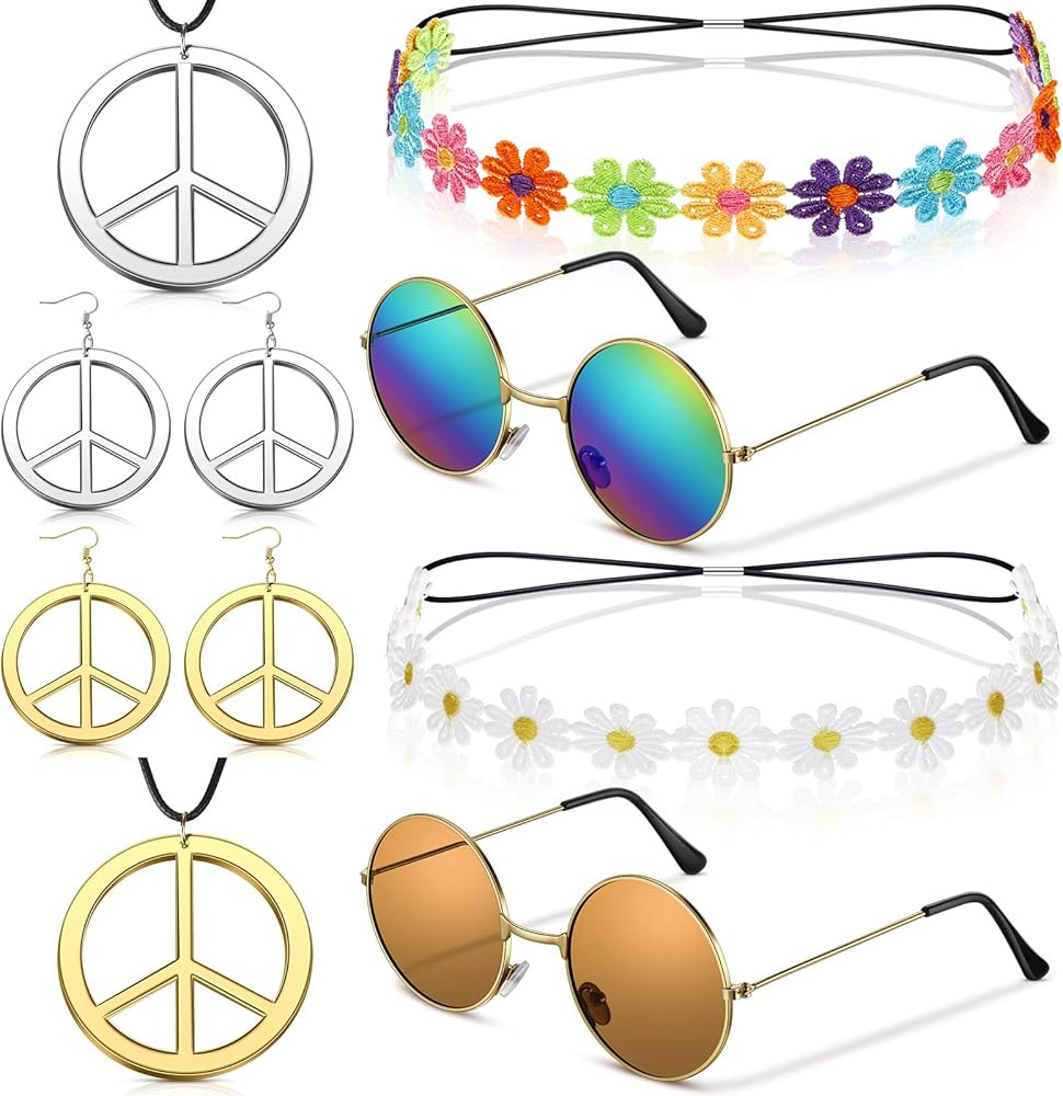 Tuanse 8 Pcs Hippie Costume Set 70s 80s Outfits for Women Girls Sunglasses Elastic Headband Peace... | Amazon (US)