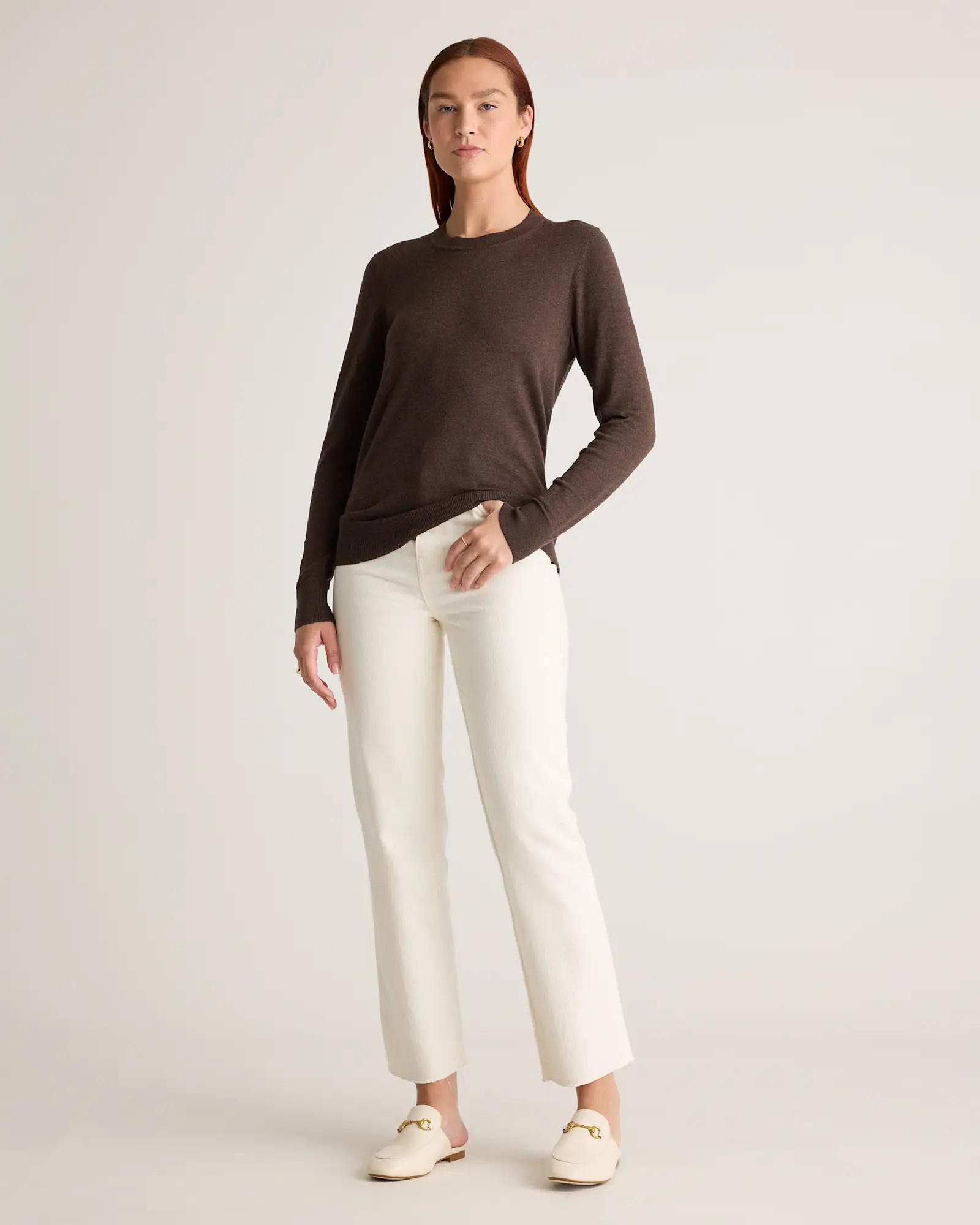 Lightweight Cotton Cashmere Crew Sweater  in Mocha Heather | Quince