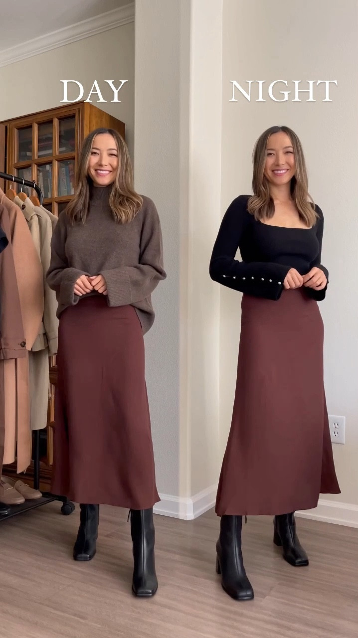 Day to night: styling a brown satin skirt 

Fall outfit / chocolate brown / day to night / turtleneck / dressy 

#LTKSeasonal #LTKStyleTip
