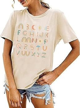 Teacher Shirt ABC Alphabet Elemeno Women Letter Print Graphic Tee Tops Teachers Gift Student T-Sh... | Amazon (US)