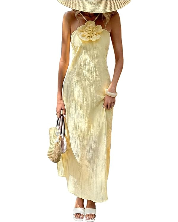 Yiulangde Women's Backless Smocked Maxi Dress Sexy Spaghetti Strap Cut Out Flowy Beach Long Dress... | Amazon (US)