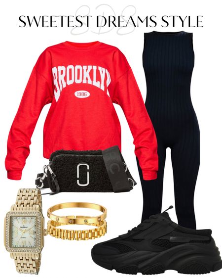 Red and black look. Jumpsuit. Gold watches. Designer dupe. Cartier dupe. Brooklyn. Red sweater  

#LTKstyletip #LTKunder100 #LTKFind