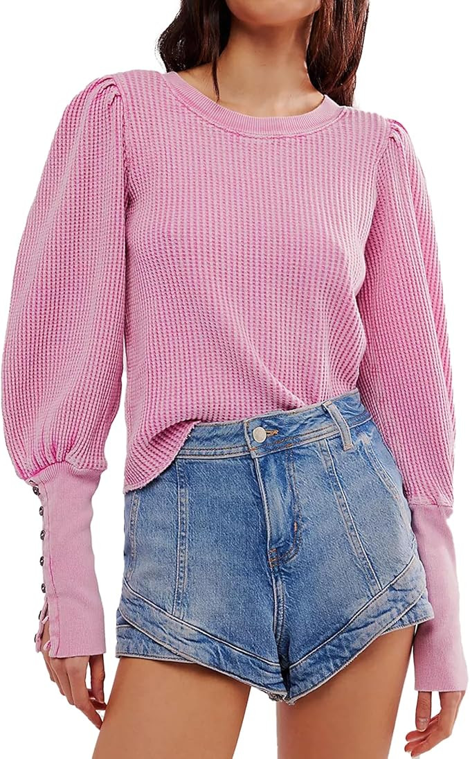 Women's Waffle Knit Puff Long Sleeve Tops Crew Neck Sweatshirt Casual Pullover Thermal Top | Amazon (US)