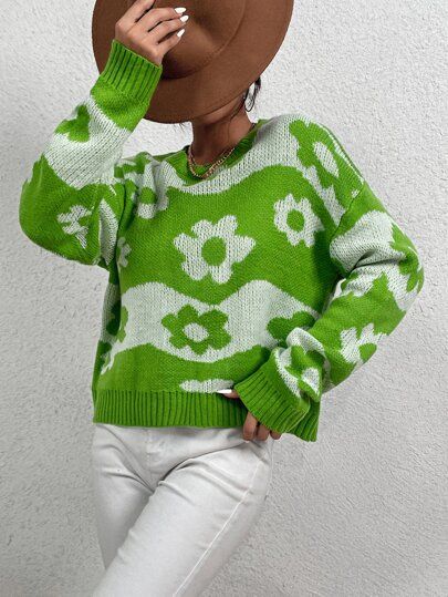 Drop Shoulder Floral Pattern Sweater | SHEIN