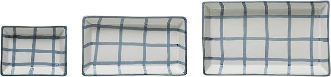 Creative Co-Op Hand-Painted Stoneware Trays with Grid Pattern, Set of 3 Plate, 7.5", Blue & White | Amazon (US)