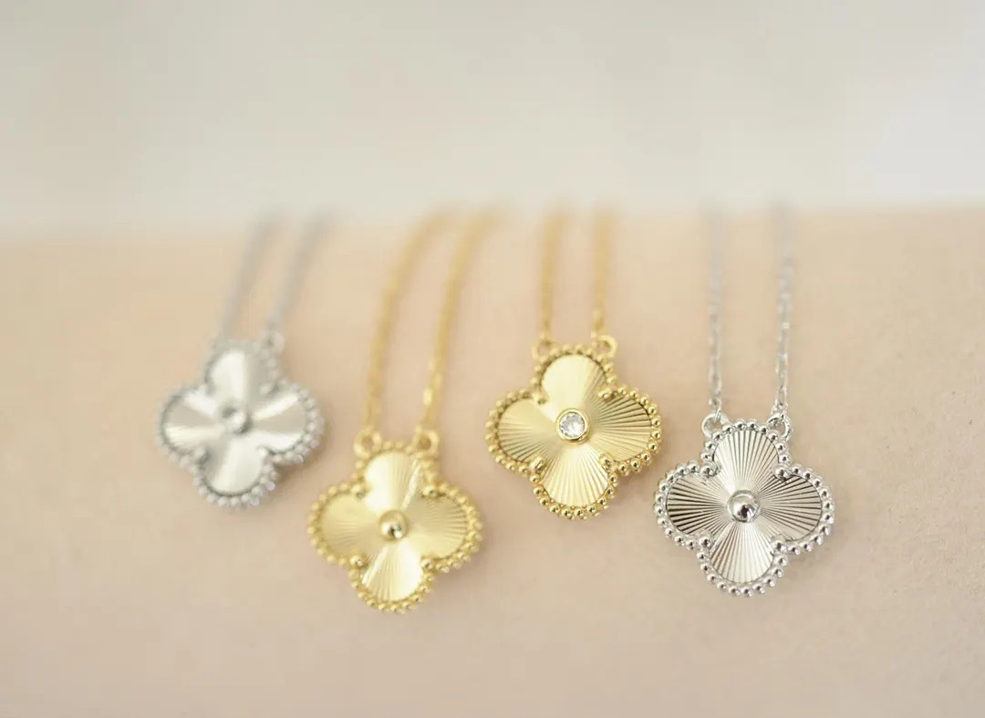 Guilloche clover pendant necklace, Four leaf clover, 18k gold plated silver, CZ Guilloche 15mm on... | Etsy (US)