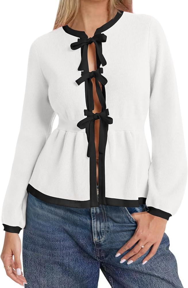 BZB Tie Front Cardigan Sweaters for Women Color Block Puff Sleeve Babydoll Knitted Cardigans Fall... | Amazon (US)