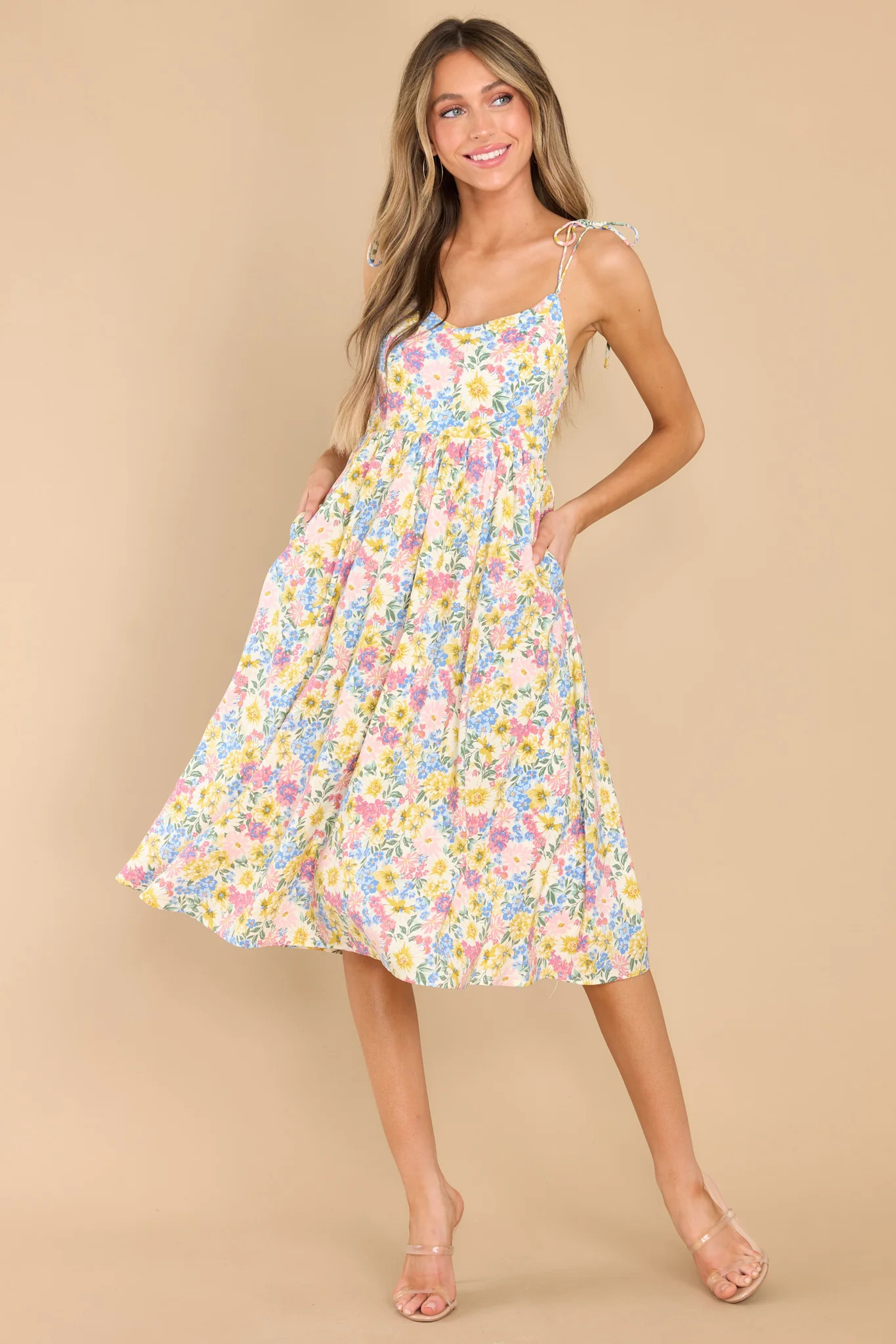 Chasing Sun Beams Yellow Multi Floral Print Midi Dress | Red Dress 