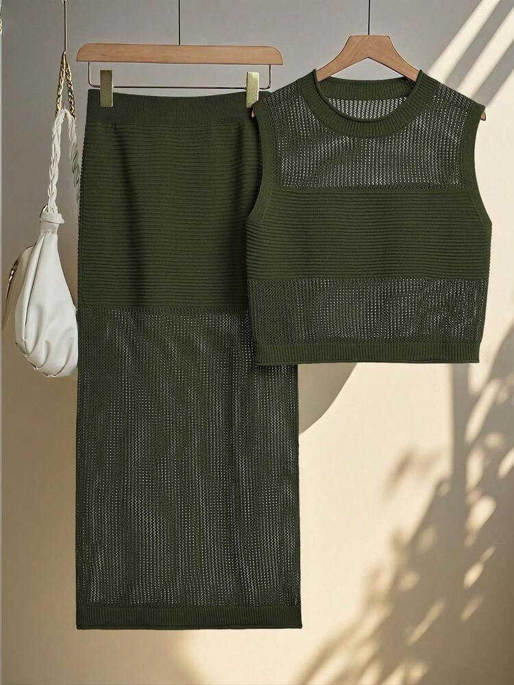 Franclia Women's Summer Vacation Casual Hollow-Out Knit Vest & Skirt 2 Pieces Set Vest And Skirt Set Green Set Women Mesh Two Piece Set Green Two Piece Mesh Outfit Women | SHEIN