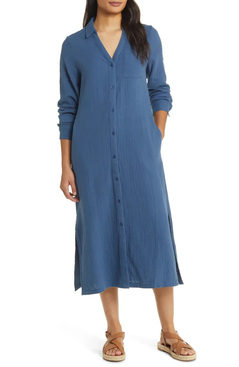 Cotton Gauze Long Sleeve Midi Shirtdress | Nordstrom