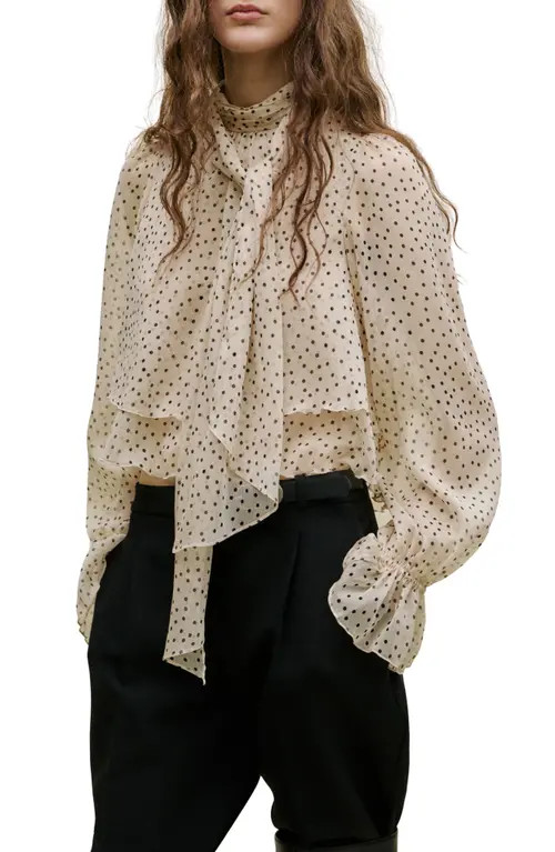 MANGO Polka Dot Tie Neck Top in Ecru at Nordstrom, Size 4 | Nordstrom
