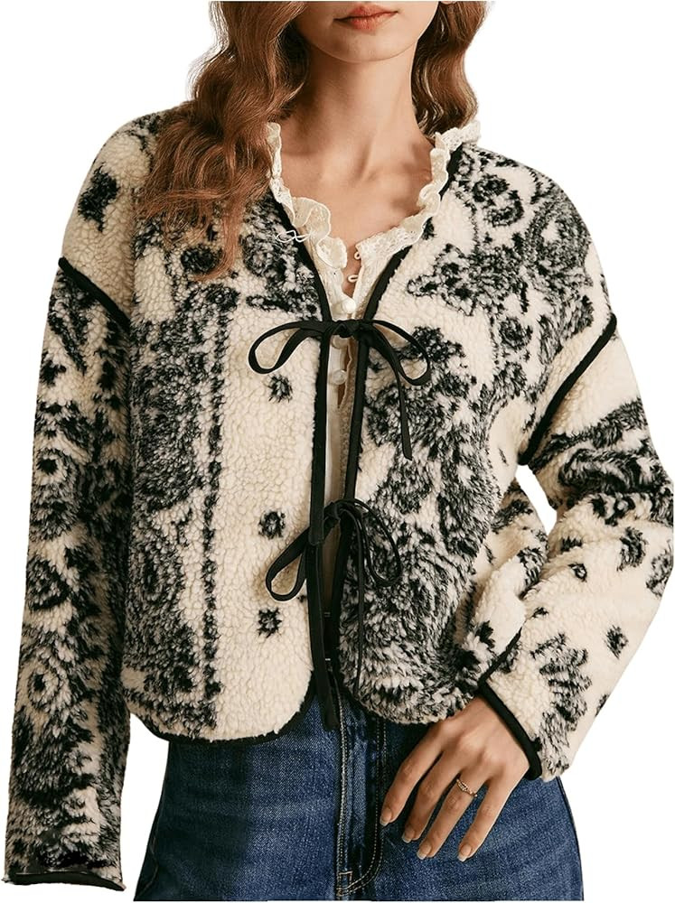 SHENHE Women's Vintage Tribal Print Fuzzy Coat Tie Front Loose Crop Teddy Coat Outerwear | Amazon (US)