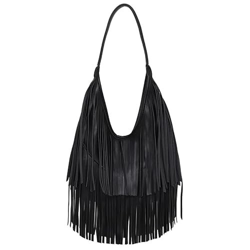 Black Fringe Purses for Women, Vintage PU Leather Fringe Shoulder Bag, Hobo Bags, Hippie Western Country Cowgirl Tassel Handbags | Amazon (US)