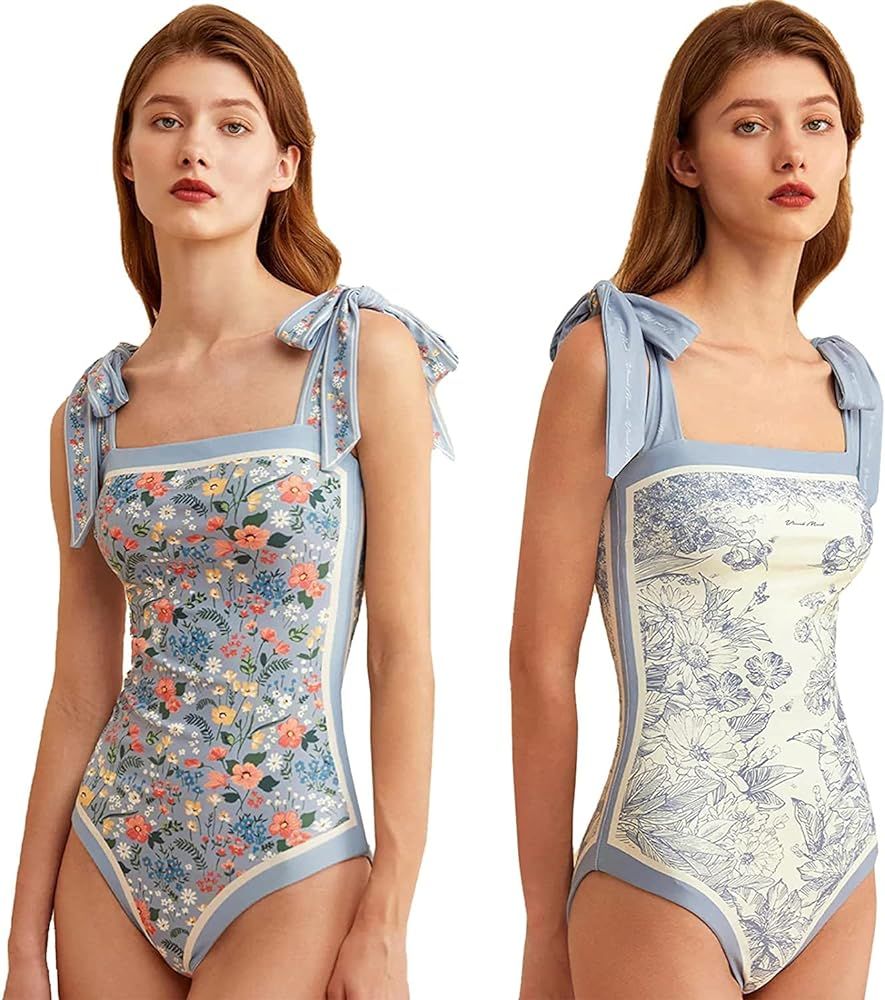 Women Floral One Piece Swimsuits, Square Neck Swimwear, Reversible Tie Shoulder Monokini, Tummy C... | Amazon (US)