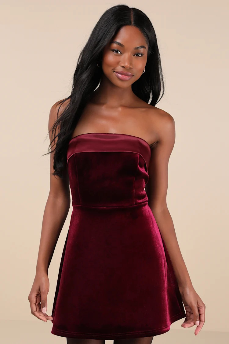Captivating Admiration Burgundy Velvet Strapless Dress Red Christmas Dress Red Cocktail Outfits | Lulus