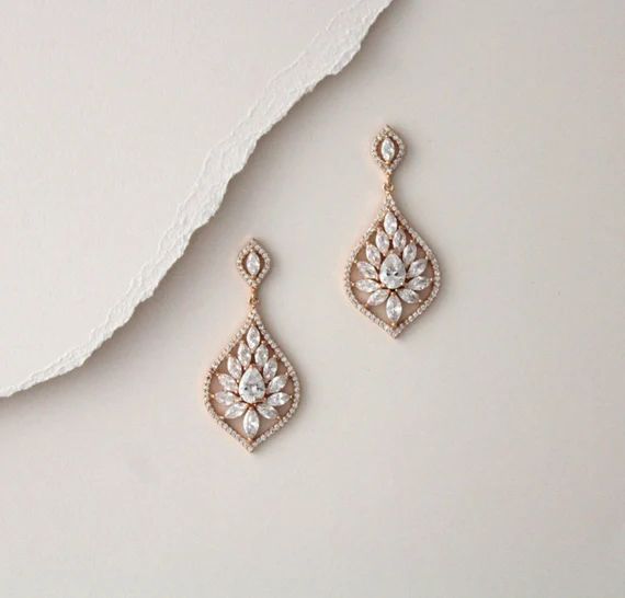 Rose Gold Bridal Earrings Crystal Drop Earrings Bridal Jewelry - Etsy | Etsy (US)