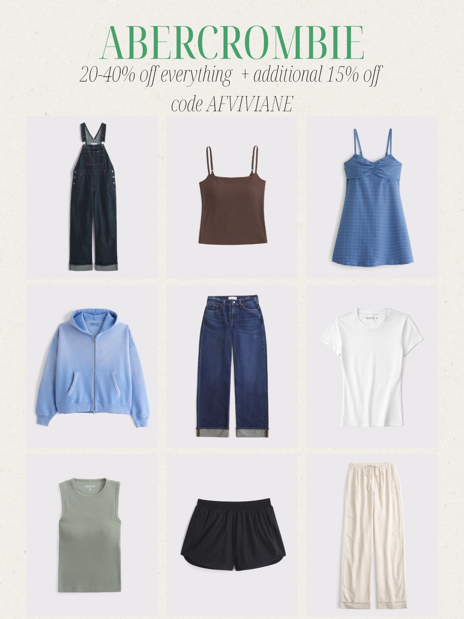 [3/25/26] @abercrombie  staples on sale for 20-40% off | + additional 15% with code AFVIVIANE 🤍 these are my spring must-haves!

[Offer valid in stores and online 3/25/2026-3/30/2026 in US/CA. Excludes clearance and gift cards. Online price reflects discount. Use code AFVIVIANE to get an additional 15% off everything in stores and online at checkout from 3/25/26-3/30/26 in US/CA. Excludes clearance and gift cards. See details online.]


#LTKSeasonal #LTKSaleAlert #LTKootd