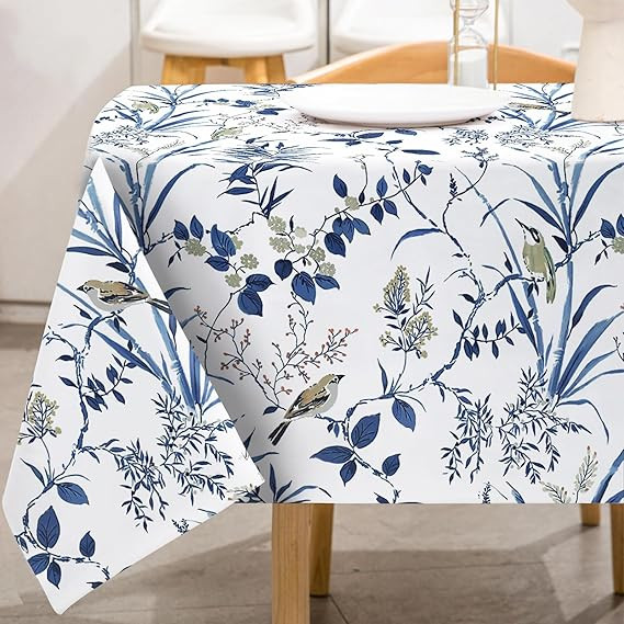 AnyDesign Navy Blue Floral Tablecloth Rectangle Retro Bird Flower Fabric Table Cover Washable Blu... | Amazon (US)